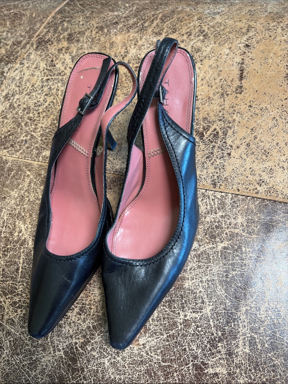 Tahari Black Pointed-Toe Slingback Mules with Pink Insole
